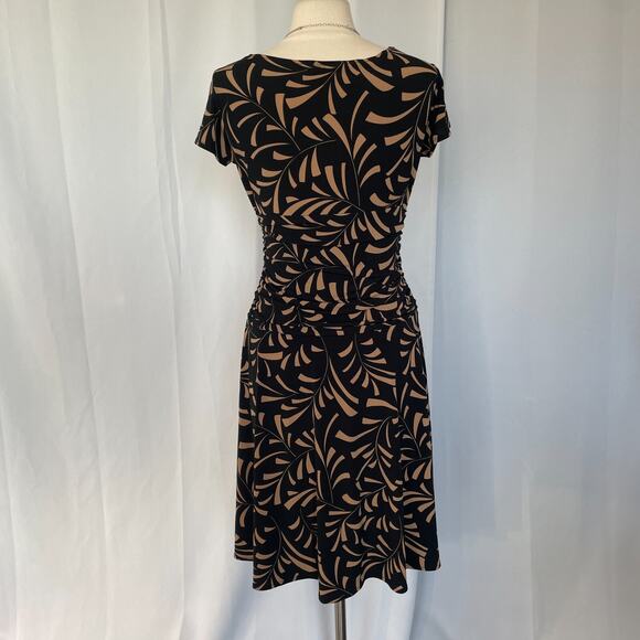 Midi Dress Size 12 Black Tan Faux Wrap V neck Stretch A Line Short Sleeve Y2K - Picture 9 of 14